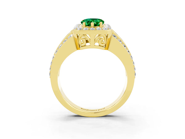 Yellow gold Pear Cut Halo Emerald Ring with Round  Split Shank and Prong Setting