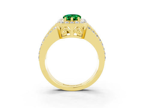 Yellow gold Pear Cut Halo Emerald Ring with Split Shank and Four-Prong Setting_3