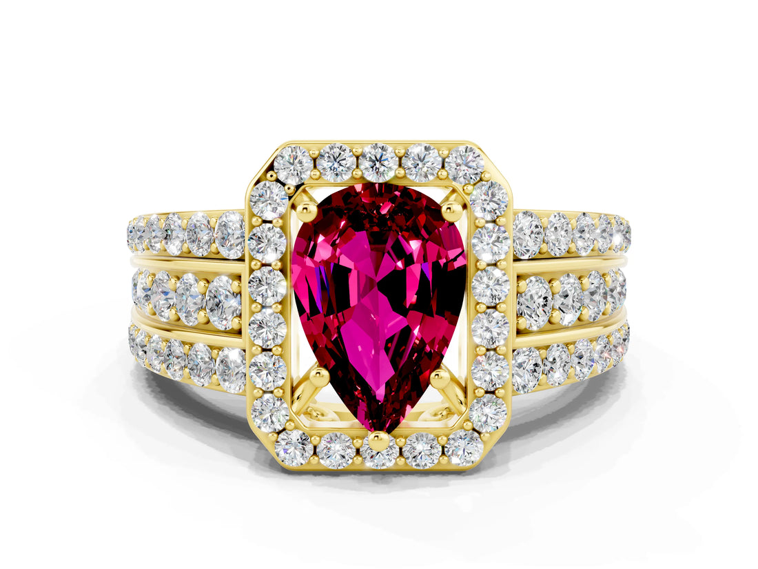 Yellow gold Pear Cut Halo Garnet Ring with Split Shank and Four-Prong Setting