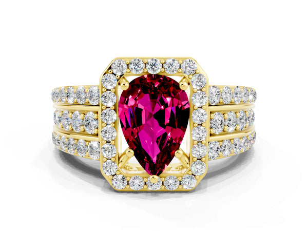Yellow gold Pear Cut Halo Garnet Ring with Round  Split Shank and Prong Setting