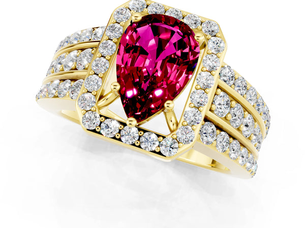 Yellow gold Pear Cut Halo Garnet Ring with Round  Split Shank and Prong Setting