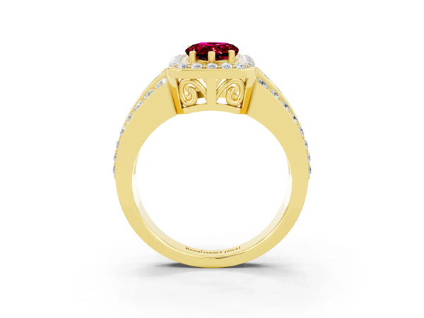 Yellow gold Pear Cut Halo Garnet Ring with Round  Split Shank and Prong Setting