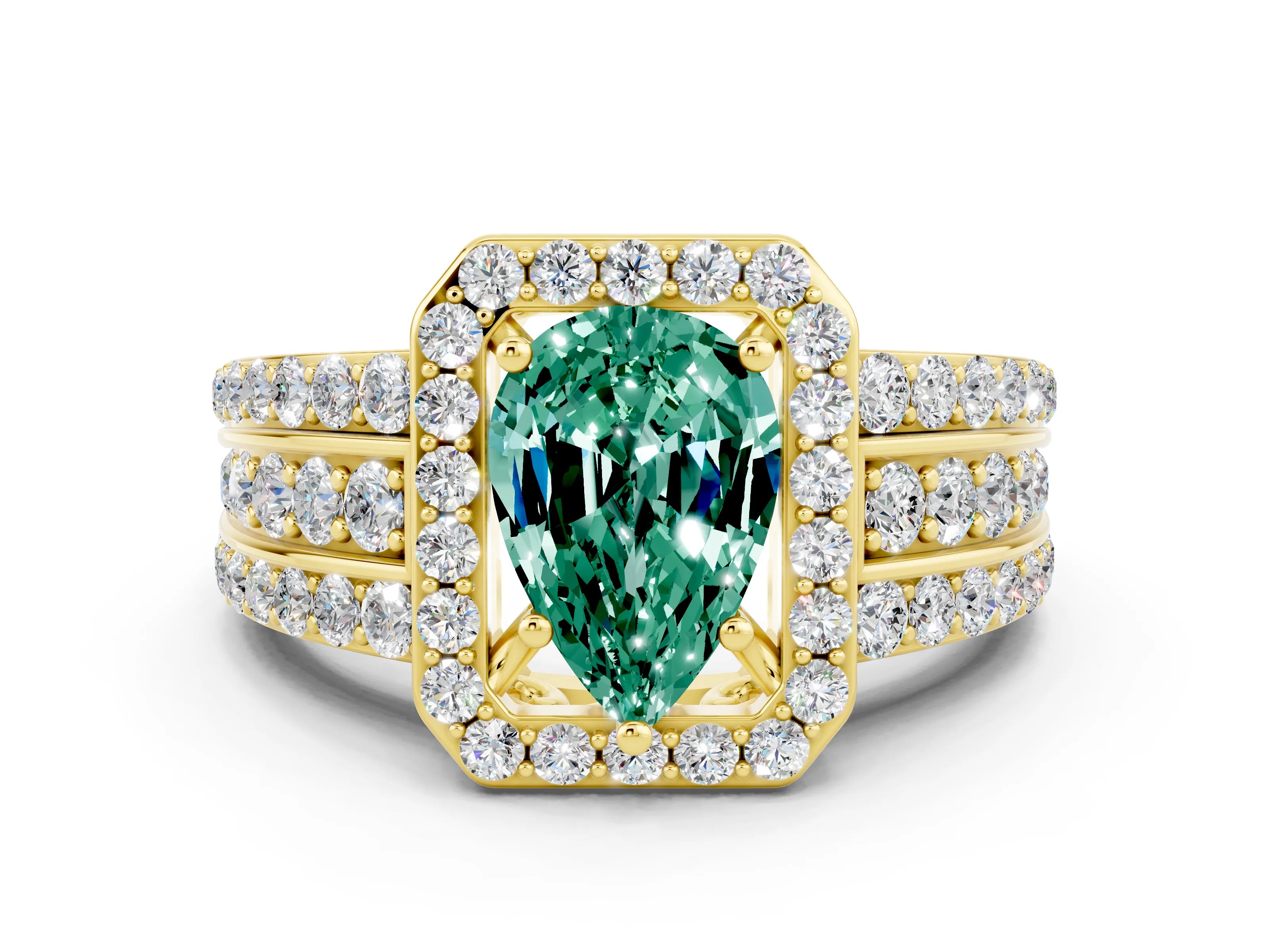 Yellow gold Pear Cut Halo Green Sapphire Ring with Split Shank and Four-Prong Setting