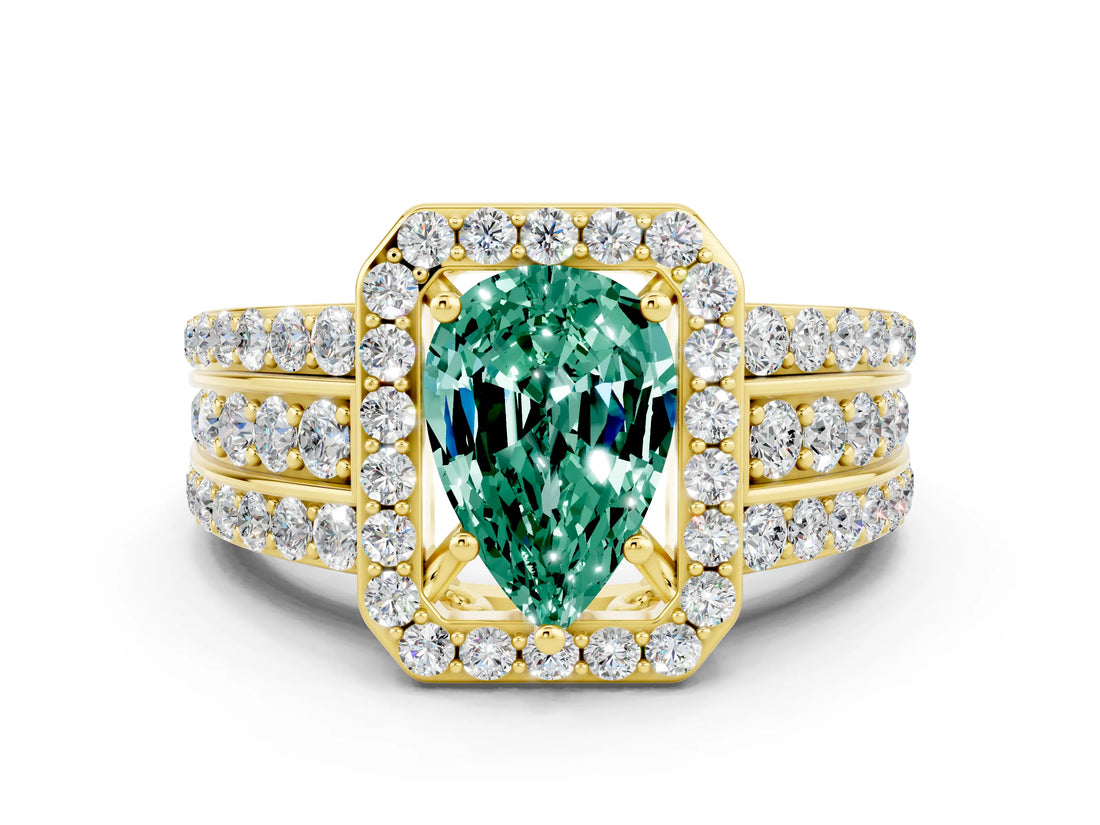 Yellow gold Pear Cut Halo Green Sapphire Ring with Split Shank and Four-Prong Setting