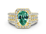 Yellow gold Pear Cut Halo Green Sapphire Ring with Split Shank and Four-Prong Setting