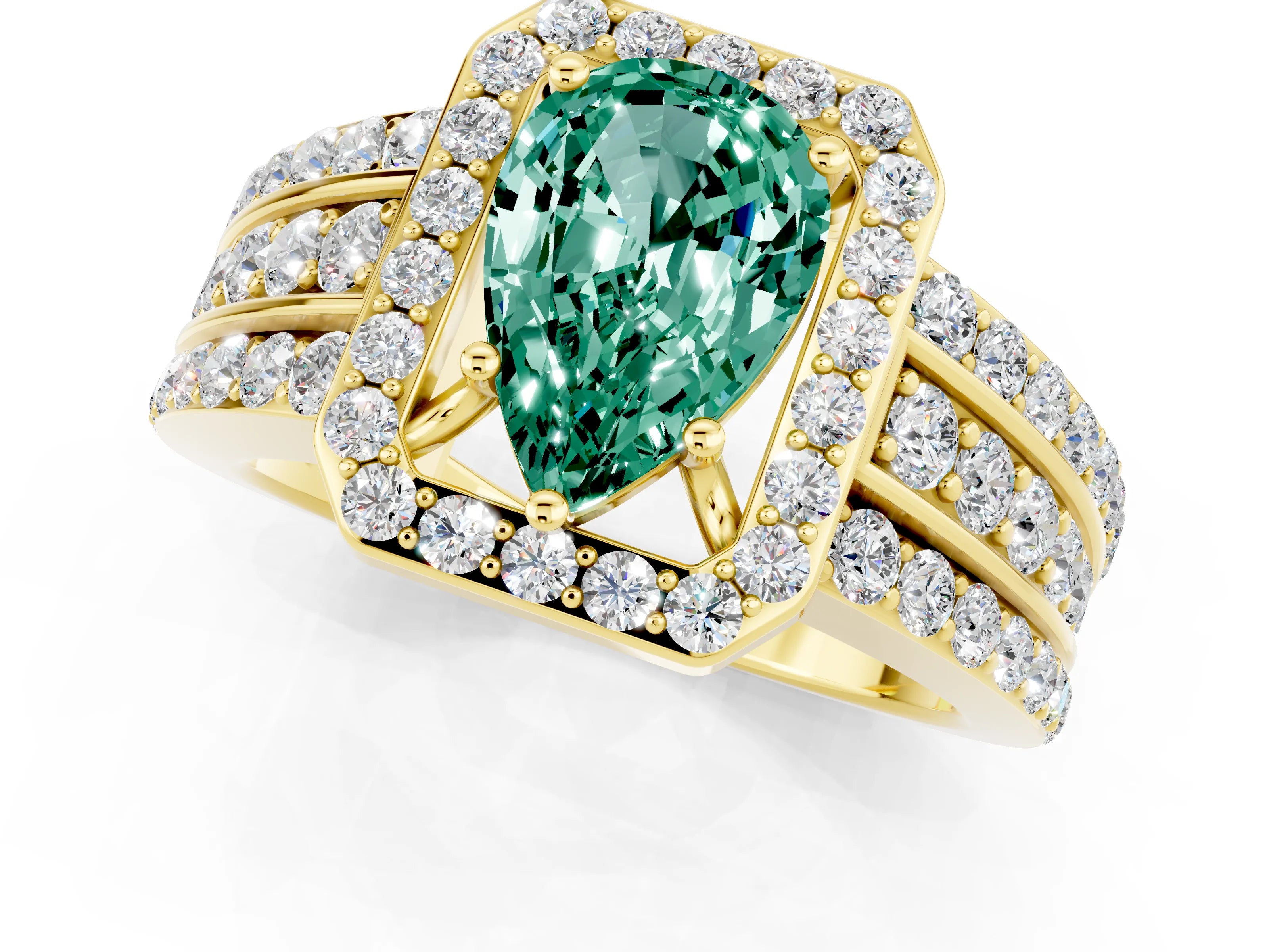 Yellow gold Pear Cut Halo Green Sapphire Ring with Split Shank and Four-Prong Setting_1