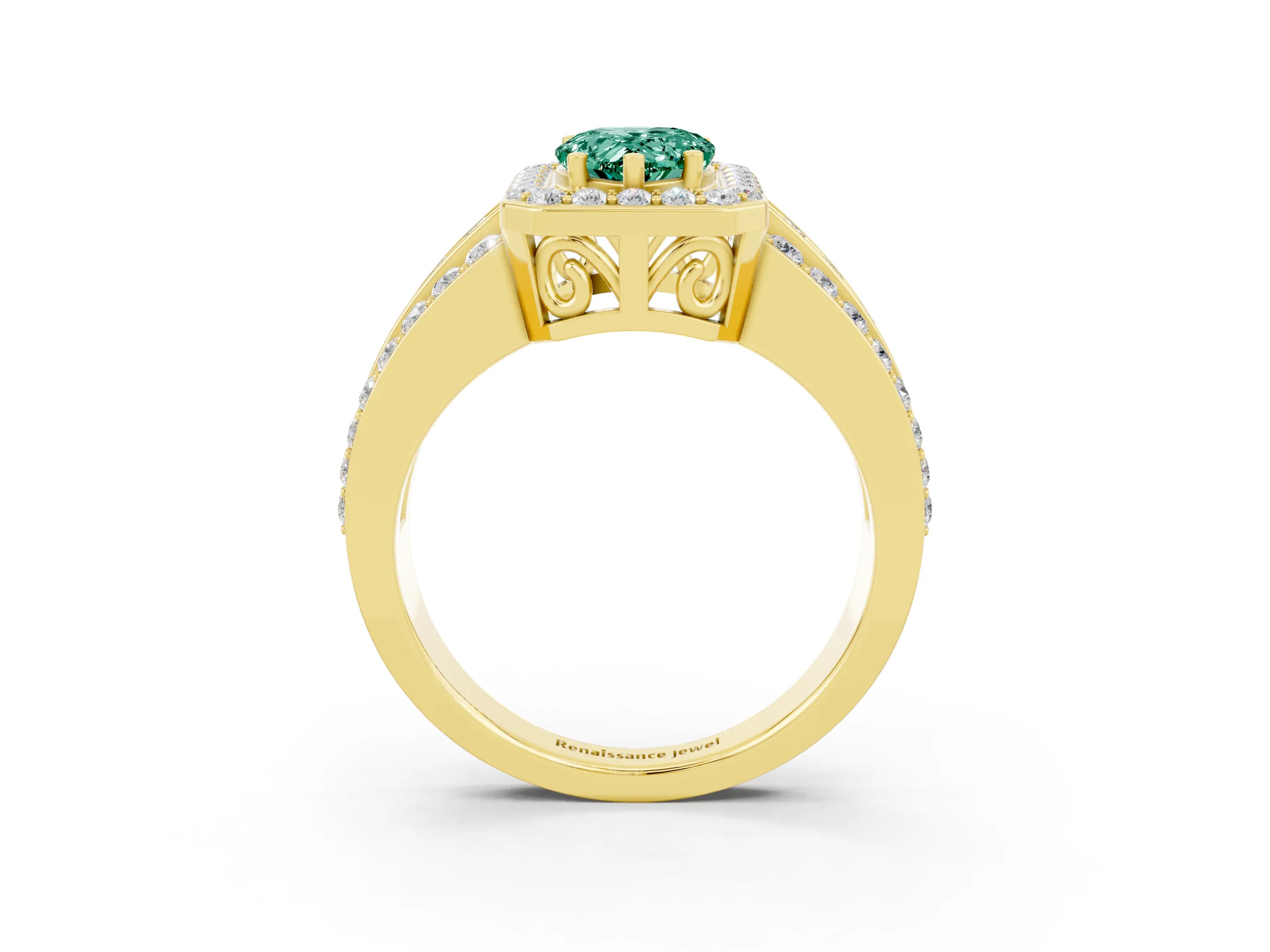Yellow gold Pear Cut Halo Green Sapphire Ring with Split Shank and Four-Prong Setting_3