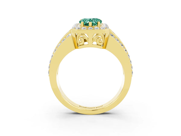 Yellow gold Pear Cut Halo Green Sapphire Ring with Round  Split Shank and Prong Setting