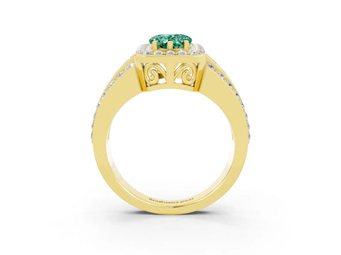 Yellow gold Pear Cut Halo Green Sapphire Ring with Split Shank and Four-Prong Setting_3