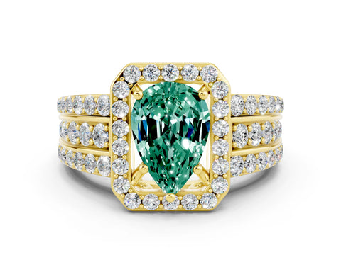 Yellow gold Pear Cut Halo Green Sapphire Ring with Split Shank and Four-Prong Setting
