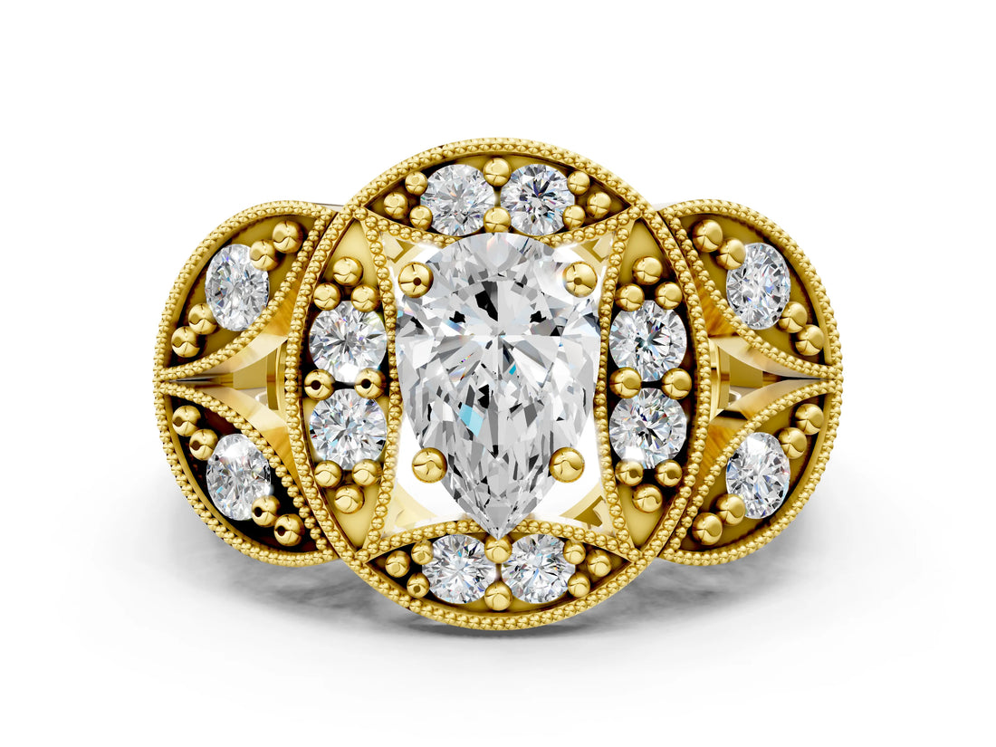 Yellow gold Pear Cut Halo Milgrain Diamond Engagement Ring with Leaf Band and Four-Prong Setting_3