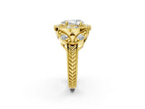 Yellow gold Pear Cut Halo Milgrain Diamond Engagement Ring with Leaf Band and Four-Prong Setting_5