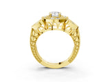 Yellow gold Pear Cut Halo Milgrain Diamond Engagement Ring with Leaf Band and Four-Prong Setting_6