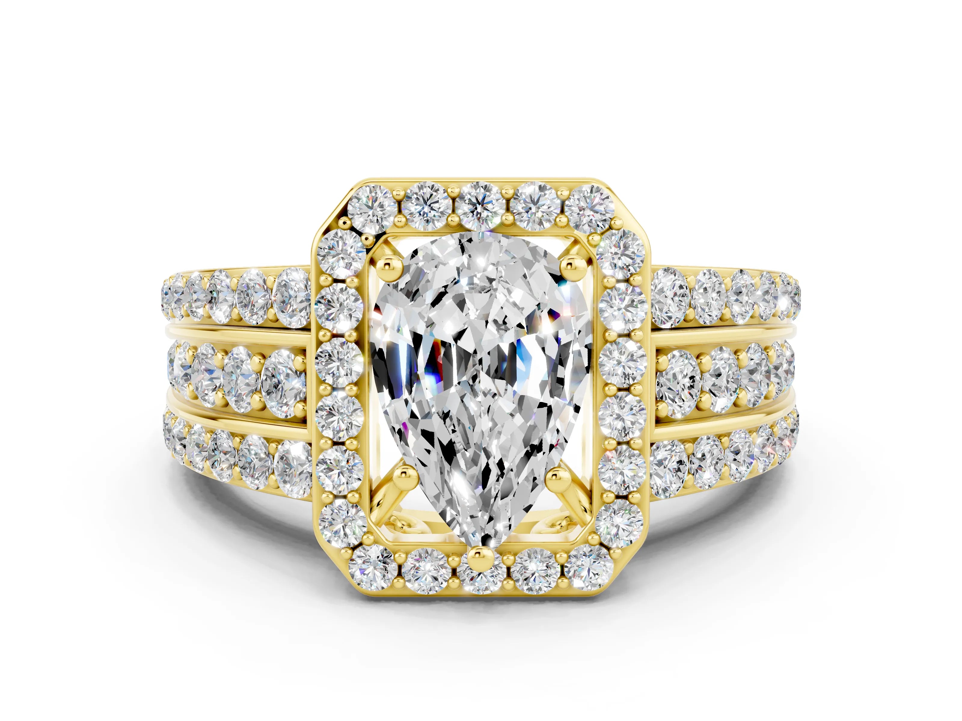 Yellow gold Pear Cut Halo Moissanite Ring with Split Shank and Four-Prong Setting