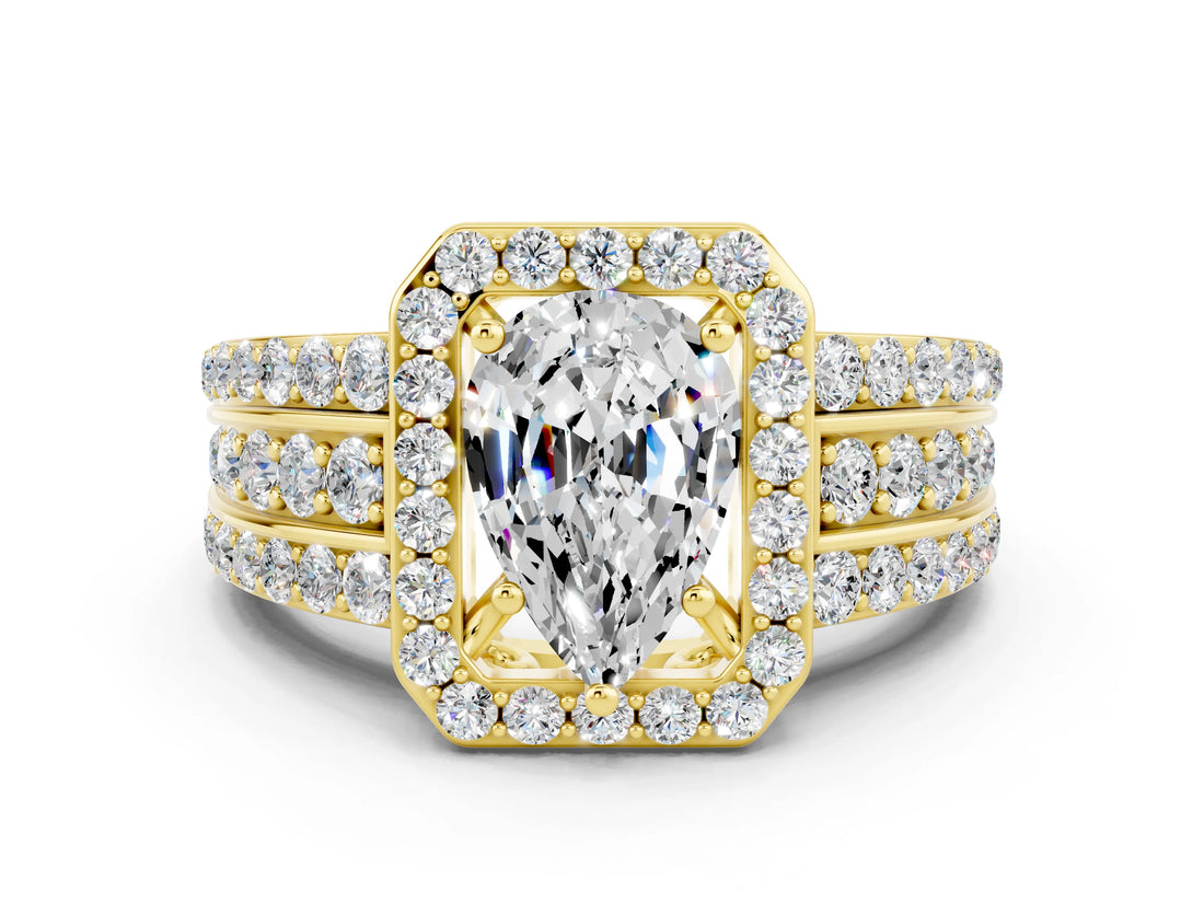 Yellow gold Pear Cut Halo Moissanite Ring with Split Shank and Four-Prong Setting