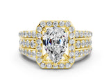 Yellow gold Pear Cut Halo Moissanite Ring with Split Shank and Four-Prong Setting