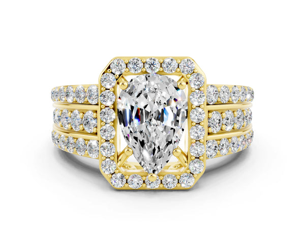 Yellow gold Pear Cut Halo Moissanite Ring with Round  Split Shank and Prong Setting
