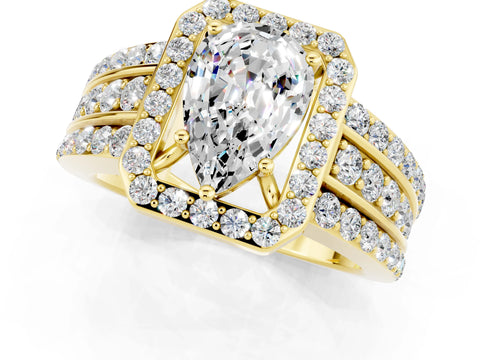 Yellow gold Pear Cut Halo Moissanite Ring with Split Shank and Four-Prong Setting_1