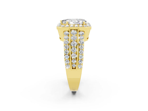 Yellow gold Pear Cut Halo Moissanite Ring with Round  Split Shank and Prong Setting