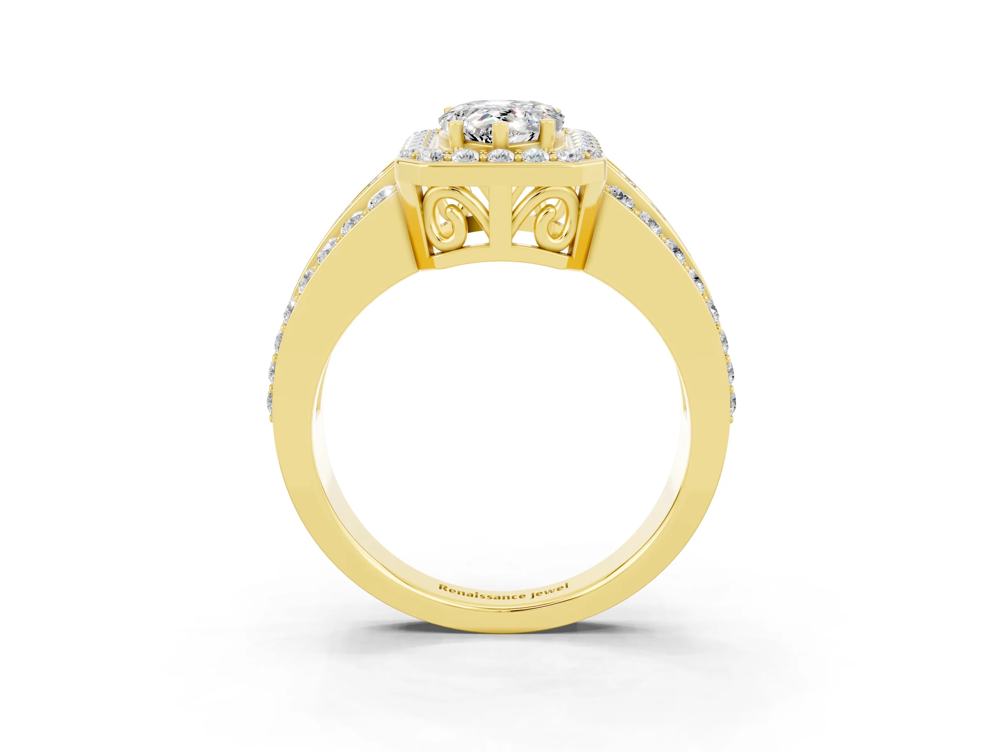 Yellow gold Pear Cut Halo Moissanite Ring with Split Shank and Four-Prong Setting_3