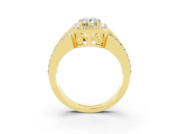 Yellow gold Pear Cut Halo Moissanite Ring with Round  Split Shank and Prong Setting