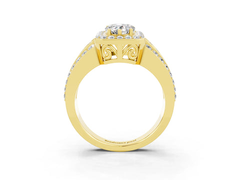 Yellow gold Pear Cut Halo Moissanite Ring with Split Shank and Four-Prong Setting_3