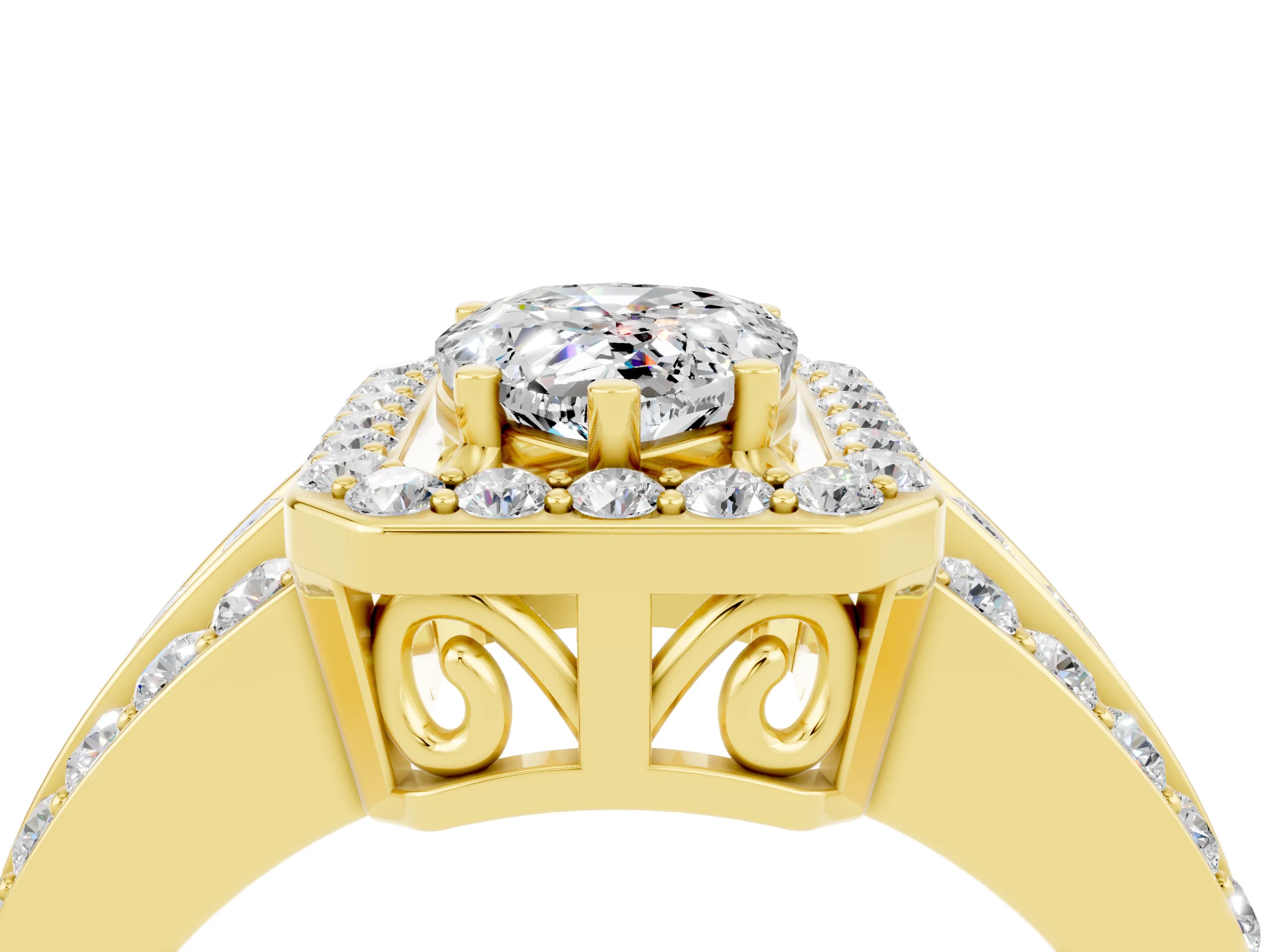 Yellow gold Pear Cut Halo Moissanite Ring with Split Shank and Four-Prong Setting_4