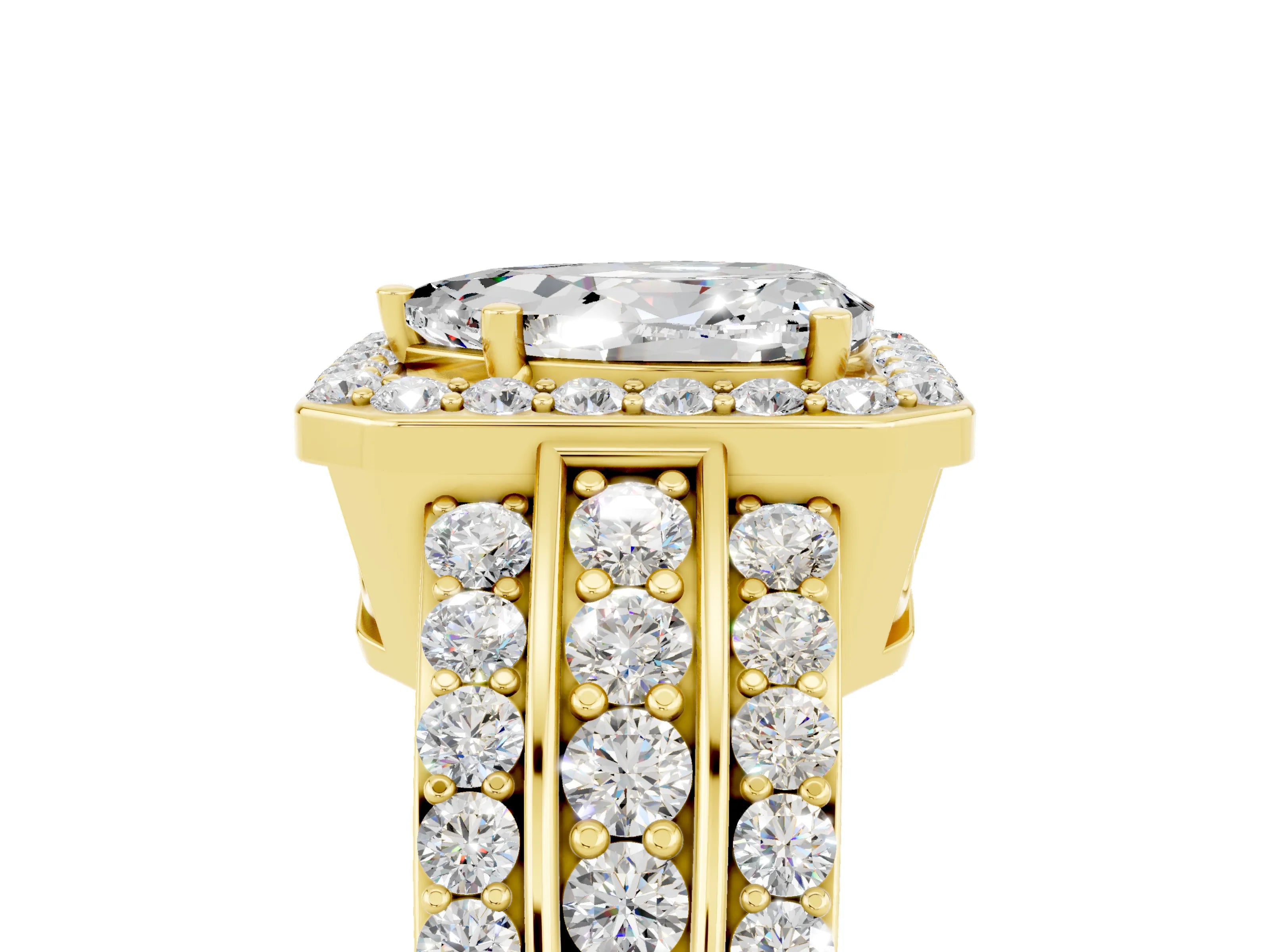 Yellow gold Pear Cut Halo Moissanite Ring with Split Shank and Four-Prong Setting_5