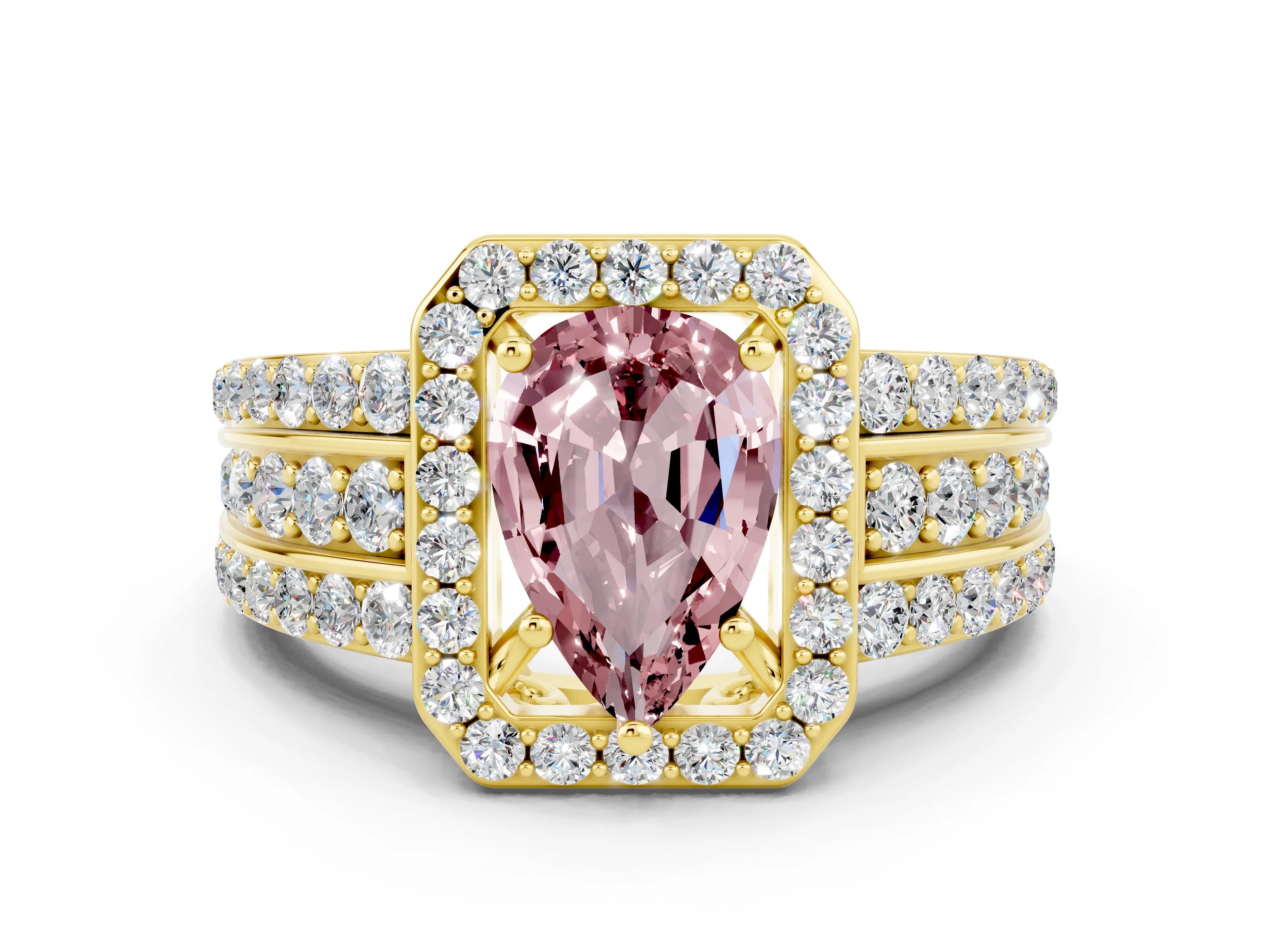 Yellow gold Pear Cut Halo Morganite Ring with Split Shank and Four-Prong Setting