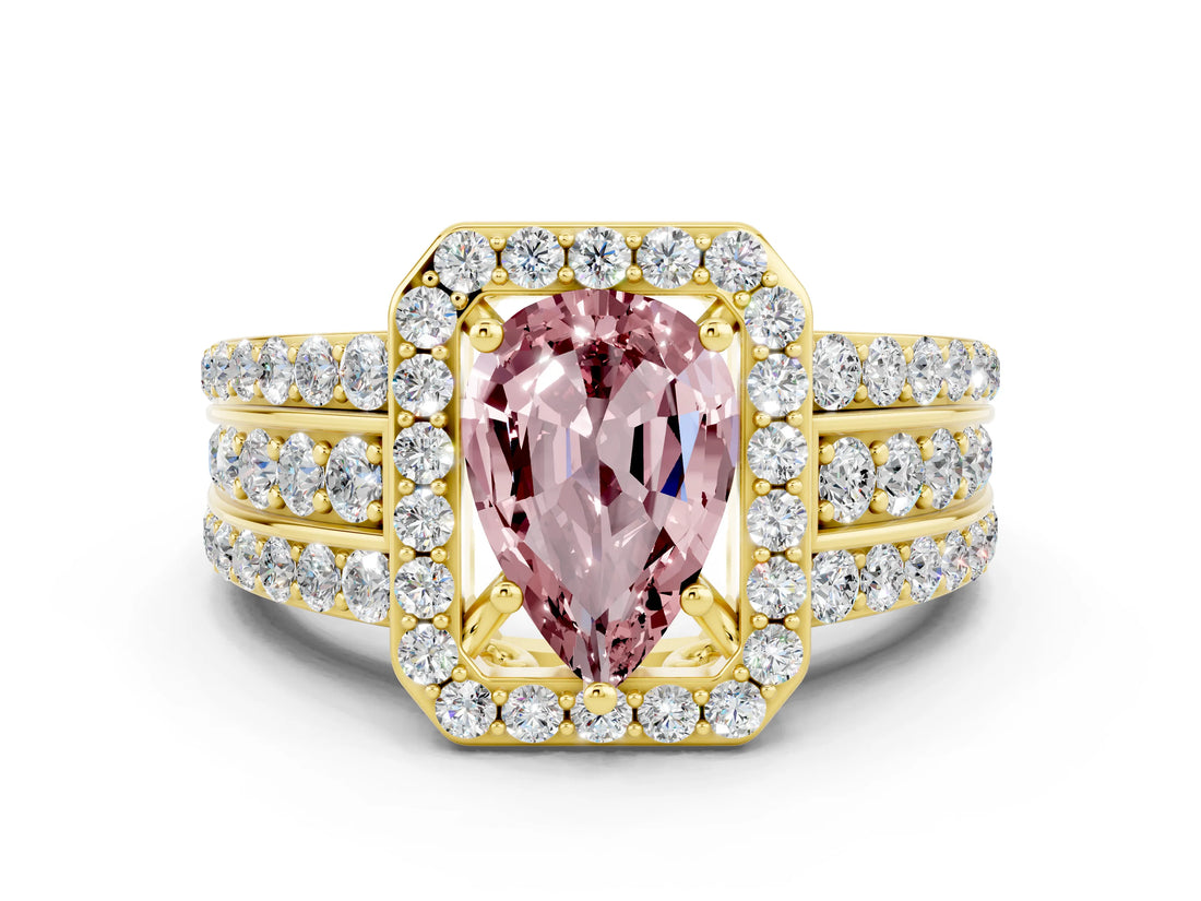 Yellow gold Pear Cut Halo Morganite Ring with Split Shank and Four-Prong Setting