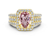 Yellow gold Pear Cut Halo Morganite Ring with Split Shank and Four-Prong Setting
