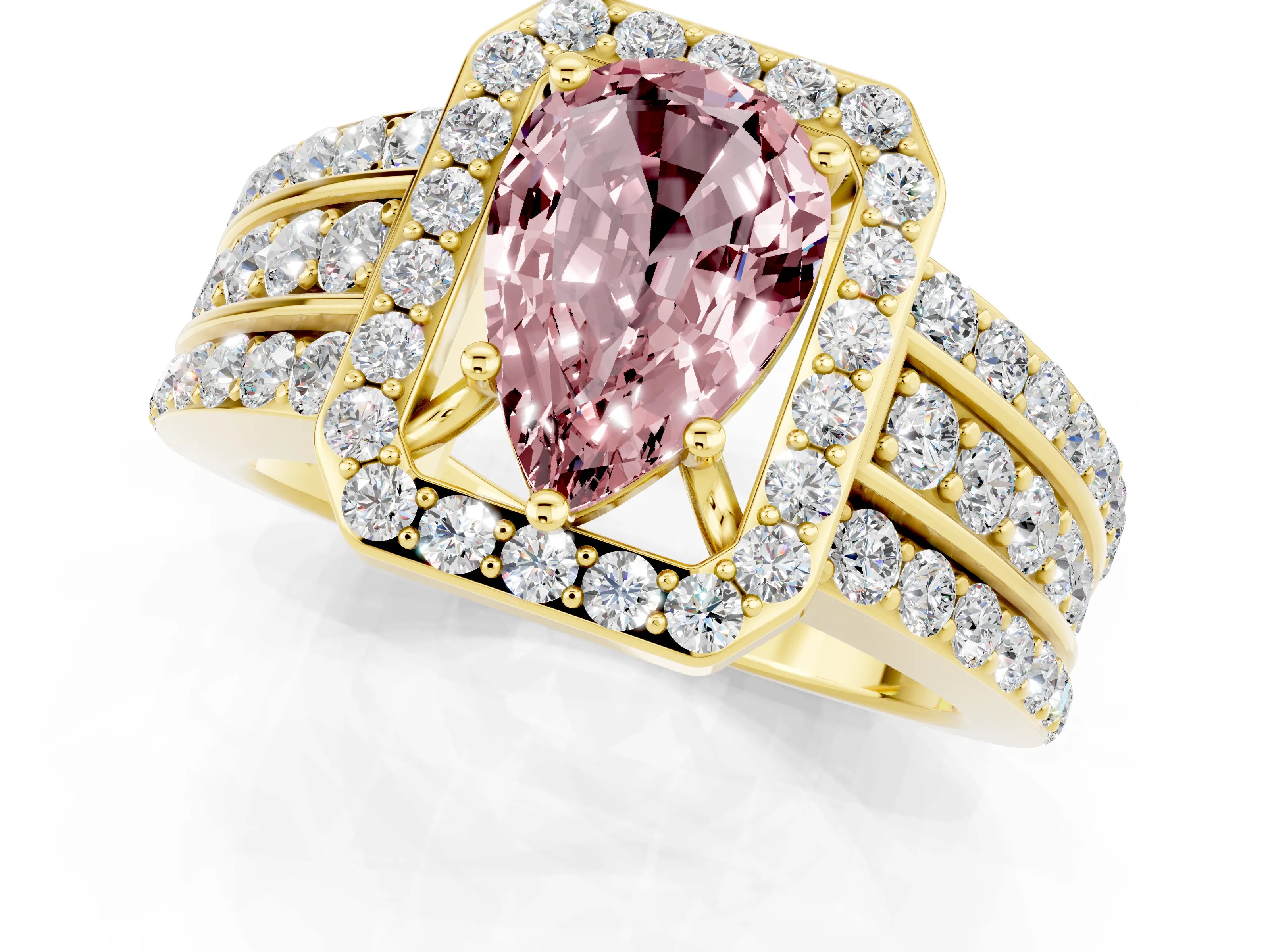 Yellow gold Pear Cut Halo Morganite Ring with Split Shank and Four-Prong Setting_1