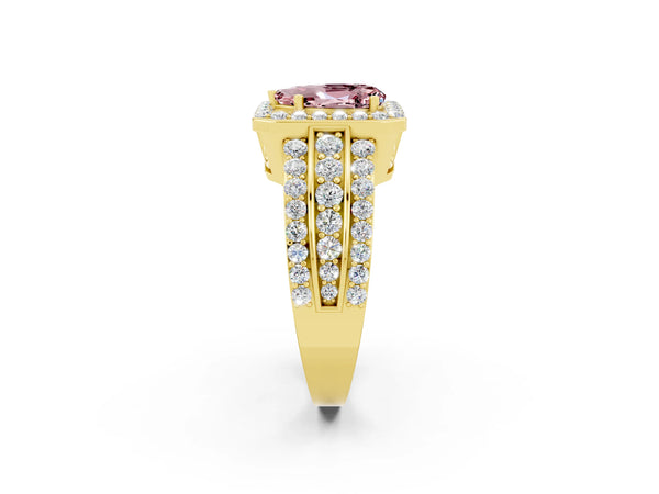 Yellow gold Pear Cut Halo Morganite Ring with Round  Split Shank and Prong Setting