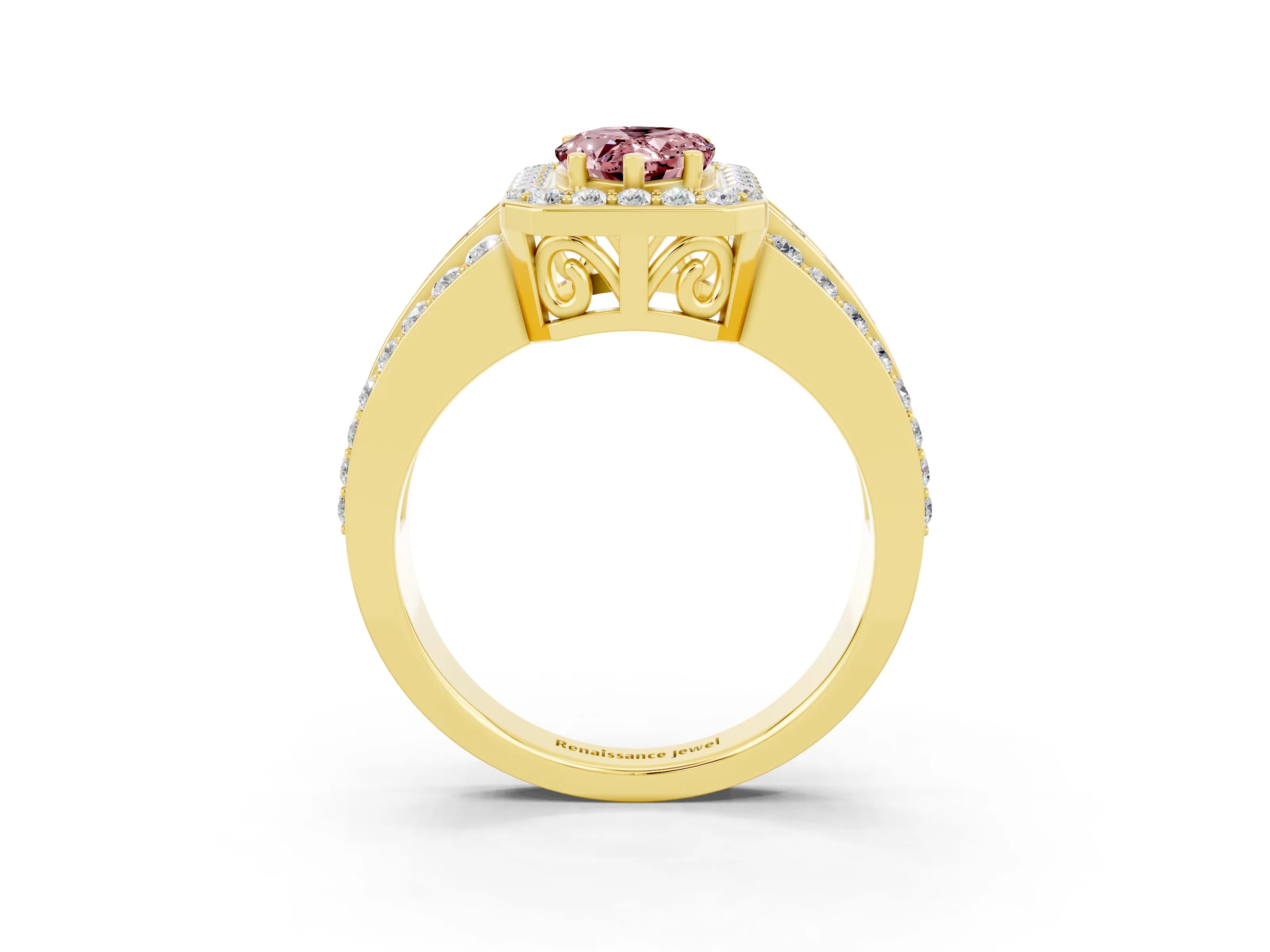Yellow gold Pear Cut Halo Morganite Ring with Split Shank and Four-Prong Setting_3
