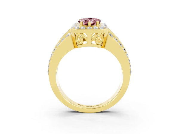 Yellow gold Pear Cut Halo Morganite Ring with Round  Split Shank and Prong Setting