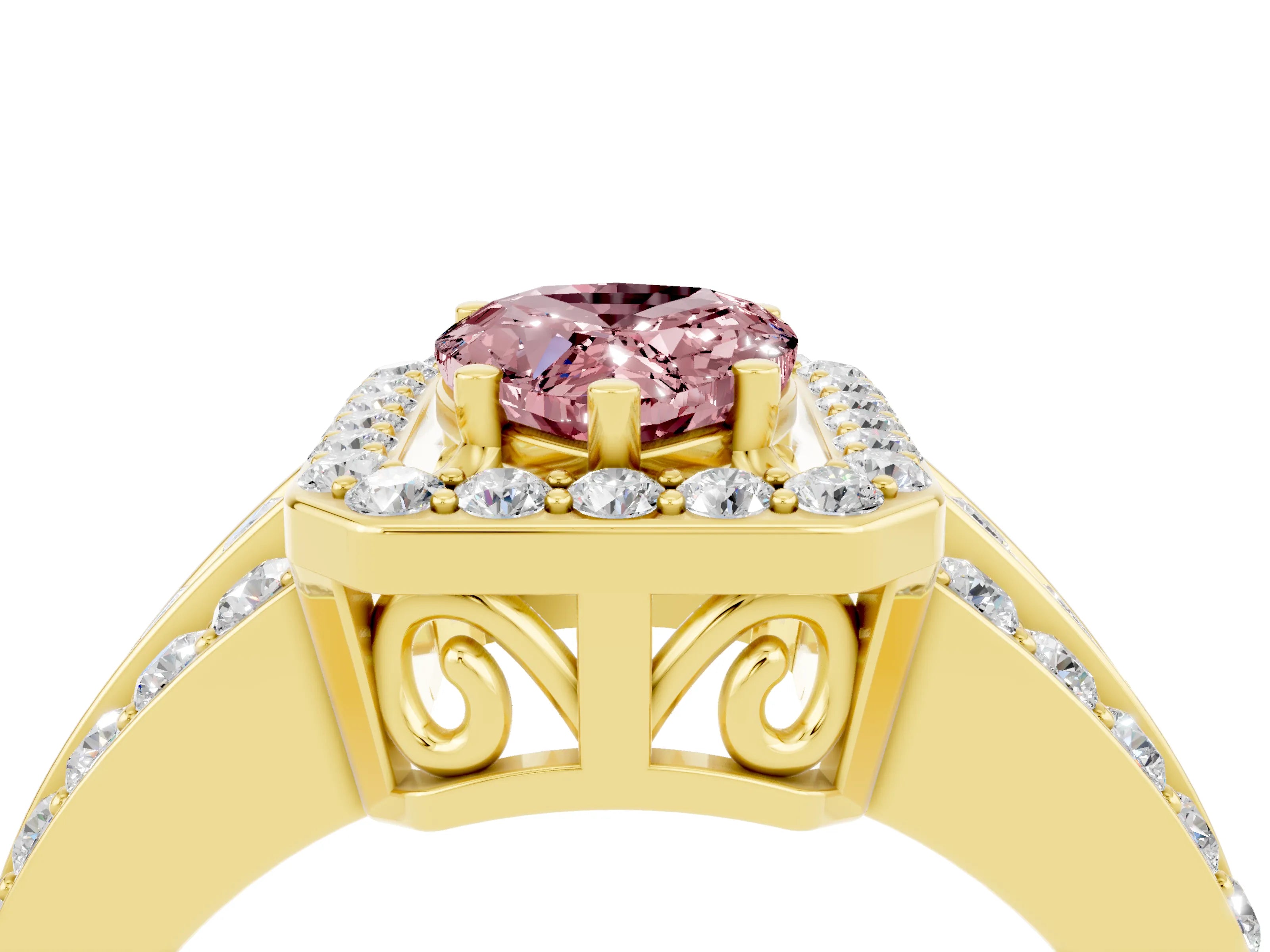 Yellow gold Pear Cut Halo Morganite Ring with Split Shank and Four-Prong Setting_4