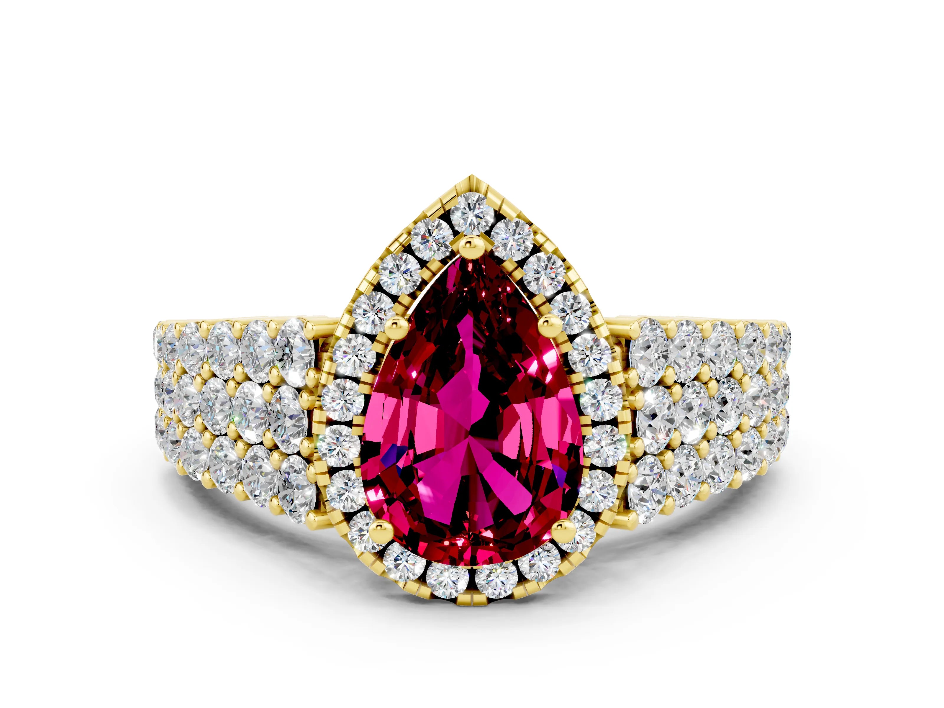Yellow gold Pear Cut Halo Pavé Diamond Engagement Ring with Split Shank and Four-Prong Setting