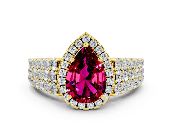 Yellow gold Pear Cut Garnet Halo Engagement Ring with Triple Row Round Pavé Band and Prong Setting