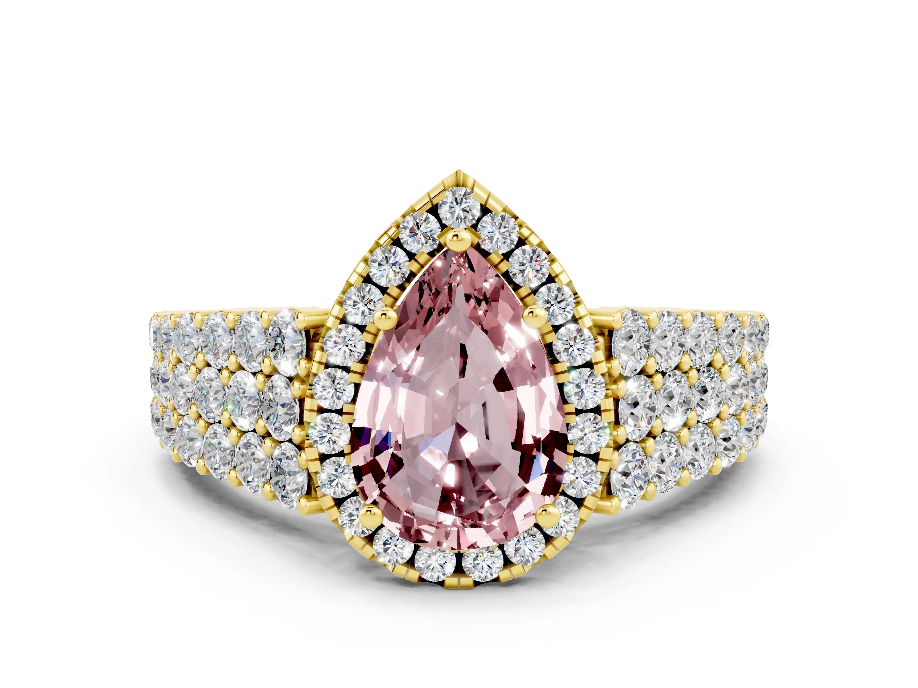 Yellow gold Pear Cut Halo Pavé Diamond Engagement Ring with Split Shank and Four-Prong Setting