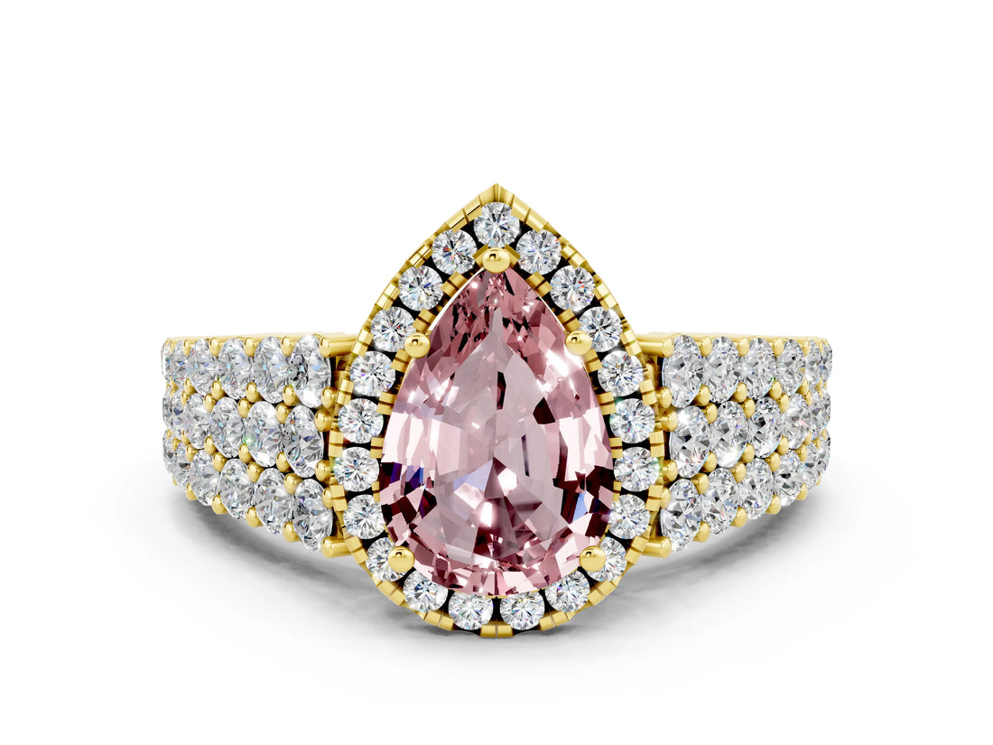 Yellow gold Pear Cut Halo Pavé Diamond Engagement Ring with Split Shank and Four-Prong Setting