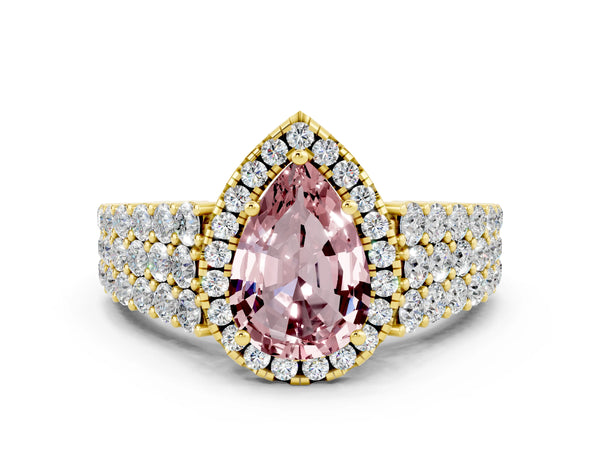 Yellow gold Pear Cut Halo Pavé Diamond Engagement Ring with Split Shank and Four-Prong Setting
