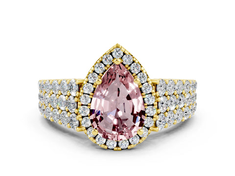 Yellow gold Pear Cut Halo Pavé Diamond Engagement Ring with Split Shank and Four-Prong Setting