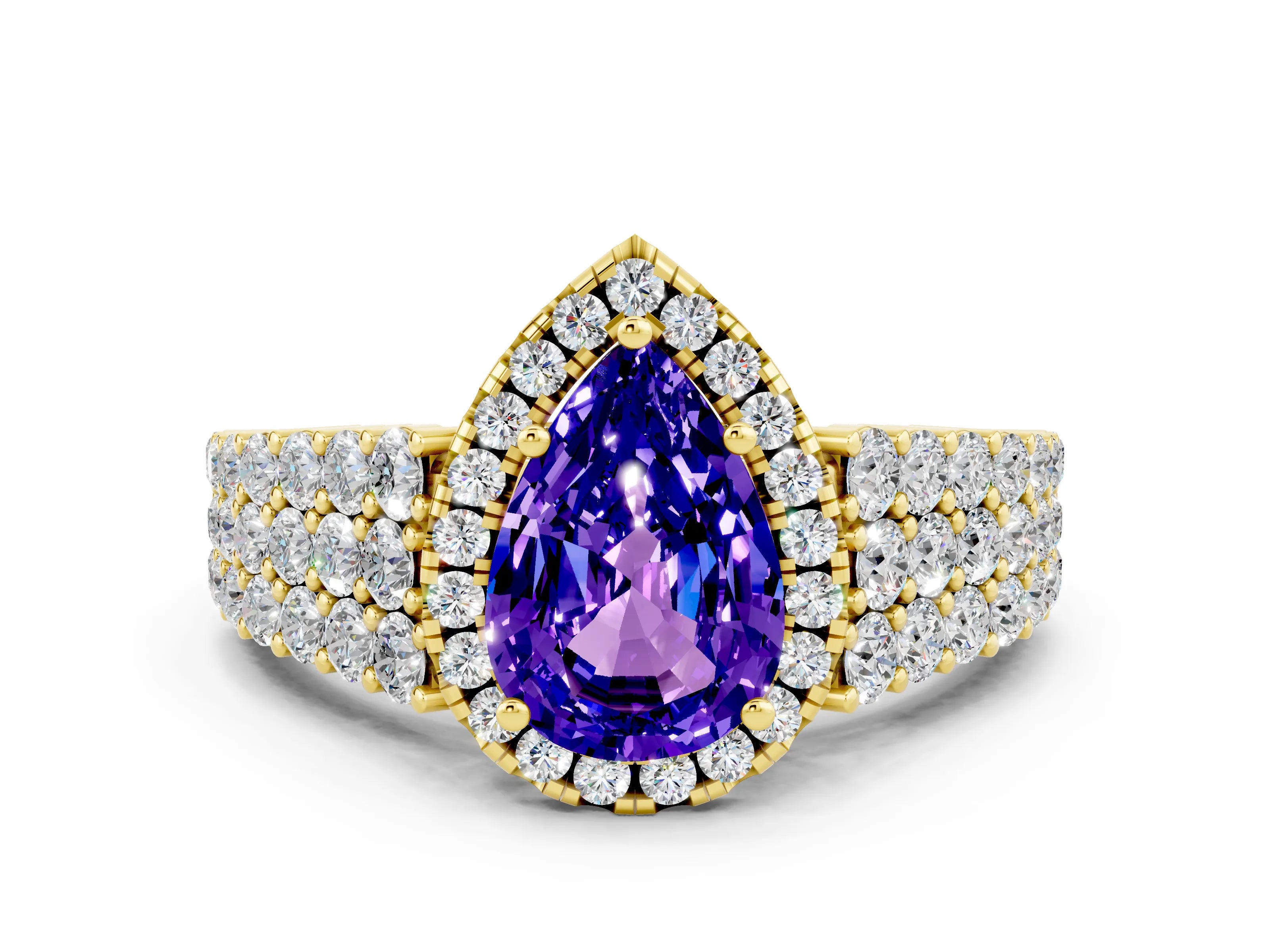 Yellow gold Pear Cut Halo Pavé Diamond Engagement Ring with Split Shank and Four-Prong Setting