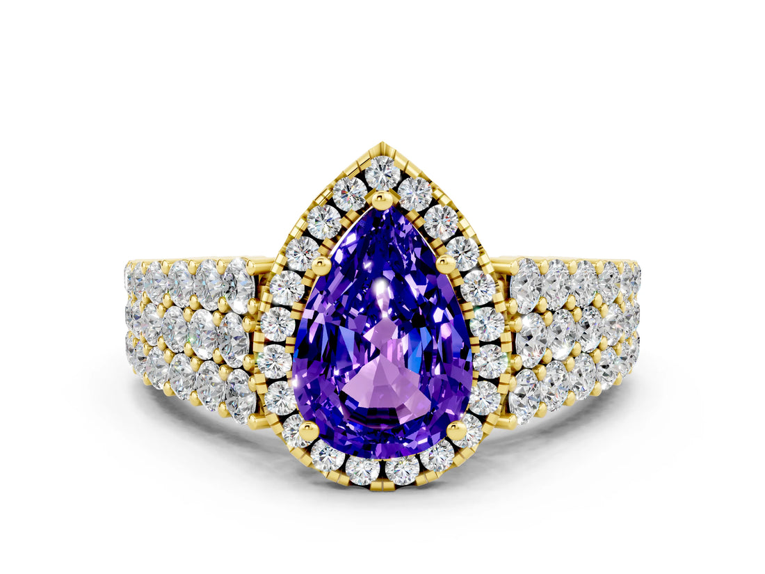 Yellow gold Pear Cut Halo Pavé Diamond Engagement Ring with Split Shank and Four-Prong Setting