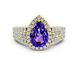 Yellow gold Pear Cut Halo Pavé Diamond Engagement Ring with Split Shank and Four-Prong Setting