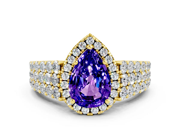 Yellow gold Pear Cut Tanzanite Halo Engagement Ring with Triple Row Round Pavé Band and Prong Setting