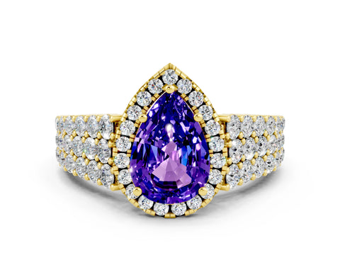 Yellow gold Pear Cut Halo Pavé Diamond Engagement Ring with Split Shank and Four-Prong Setting