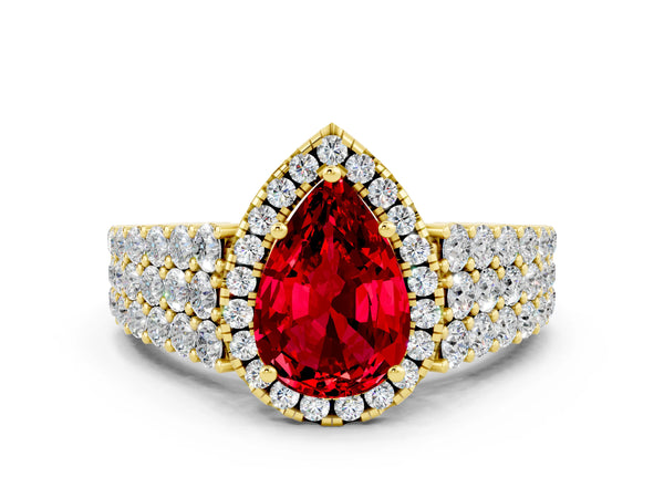 Yellow gold Pear Cut Halo Pavé Diamond Engagement Ring with Split Shank and Four-Prong Setting