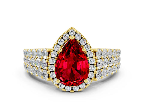 Yellow gold Pear Cut Halo Pavé Diamond Engagement Ring with Split Shank and Four-Prong Setting