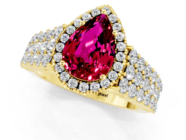 Yellow gold Pear Cut Garnet Halo Engagement Ring with Triple Row Round Pavé Band and Prong Setting